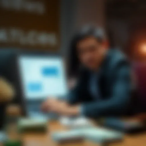 A person sitting at a desk with a worried expression, staring at their laptop screen showing a bank account with a locked balance. Nearby, stacks of bills and a calculator are visible, emphasizing financial stress.