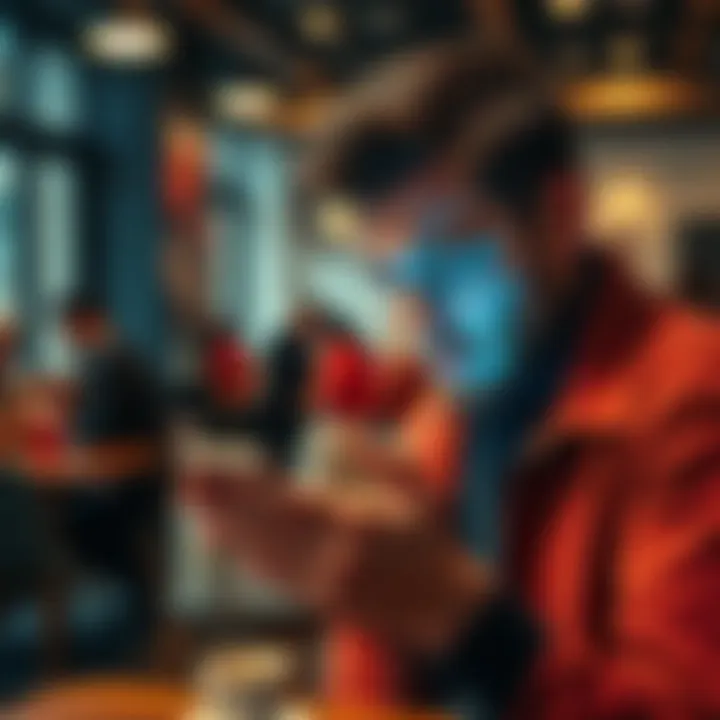 A frustrated individual looking at a smartphone with a banking app open, showing a card suspension notification, in a busy coffee shop setting.