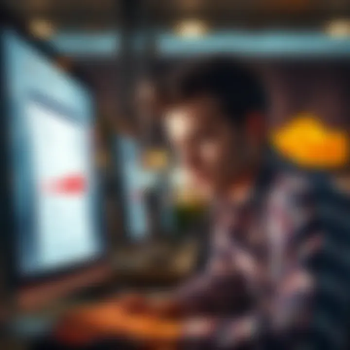 A person appears worried while looking at their computer screen, displaying a bank statement with account limitations