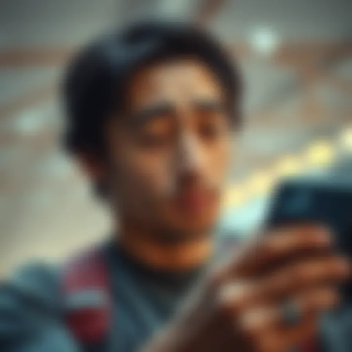 Frustrated person checking phone Person with a disappointed expression looking at their phone after a walk