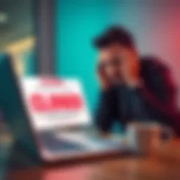 A person shows frustration while looking at a laptop with a closed bank account notification from Revolut on the screen.
