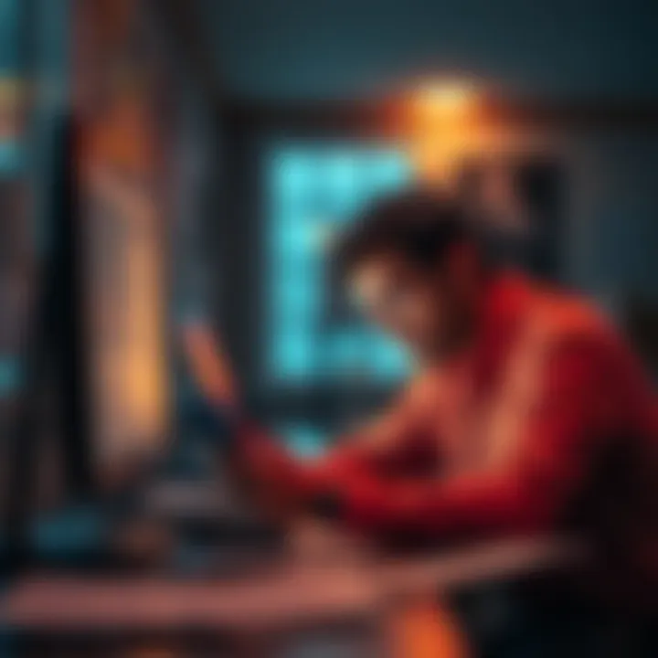A person looking stressed while trying to complete KYC on a computer, surrounded by papers and a phone, showing frustration