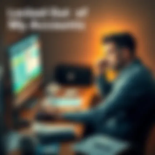 Frustrated individual sitting at a desk, looking at a computer screen with account access issue, papers scattered around, expressing concern about tax deadline.