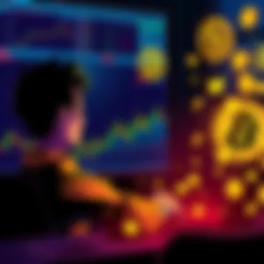 A person sitting at a computer, looking frustrated while trying to swap cryptocurrencies on a platform, surrounded by graphs and digital currency icons.
