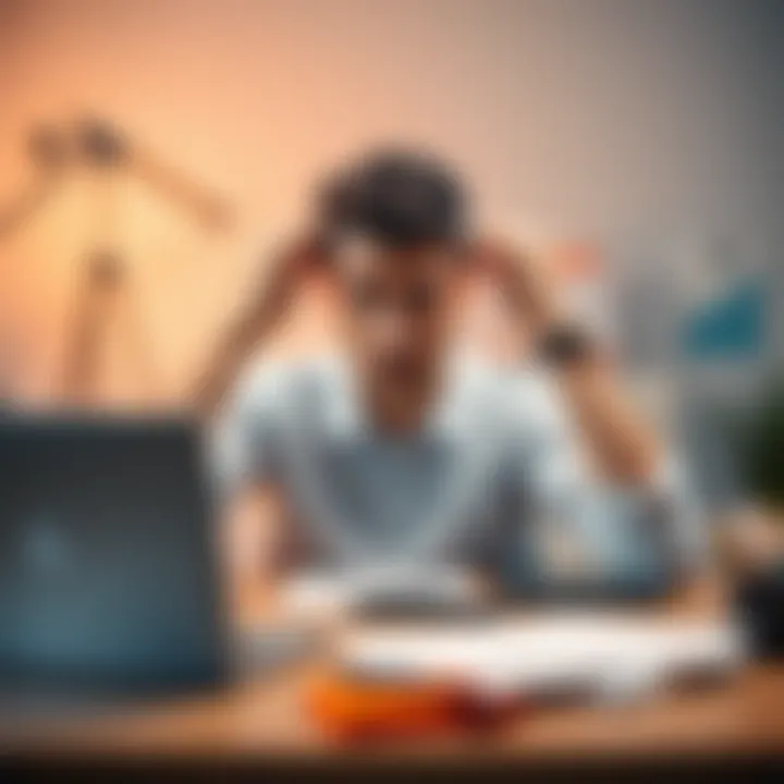 A person showing frustration while trying to complete a task at their desk, surrounded by paperwork and a laptop.