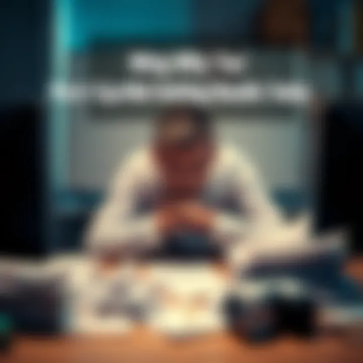 A person sitting at a desk looking stressed with crumpled papers around them, symbolizing struggle with goals