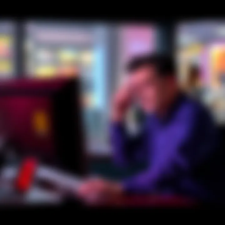 Individual sitting at a computer looking upset while trying to report a scam