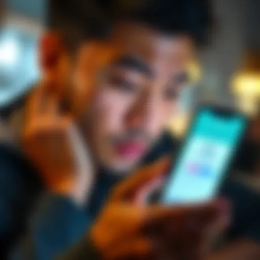 A person looking frustrated while checking their phone, showing a banking app with a frozen account message