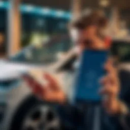 A person looking frustrated while holding a smartphone, showing a loading screen on their banking app, with an electric vehicle in the background.