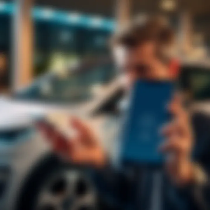 A person looking frustrated while holding a smartphone, showing a loading screen on their banking app, with an electric vehicle in the background.