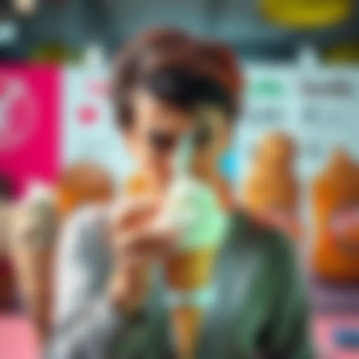 Frustrated person with ice cream A person looks frustrated while holding an ice cream cone, with various flavor options in the background including vanilla, chocolate, cookies, caramel, and peanut butter.