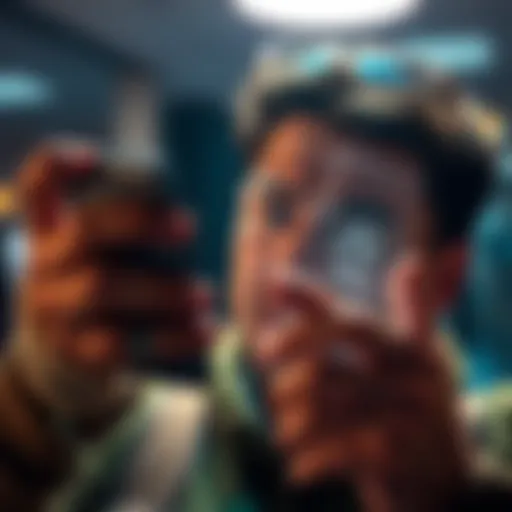 Frustrated person facing ID verification issues A person looking at their phone with a frustrated expression, showing a screen with an ID verification error message