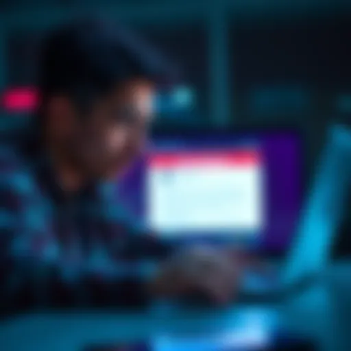 Frustrated Person with Laptop A person looking stressed while staring at a laptop screen showing an account blocked message.