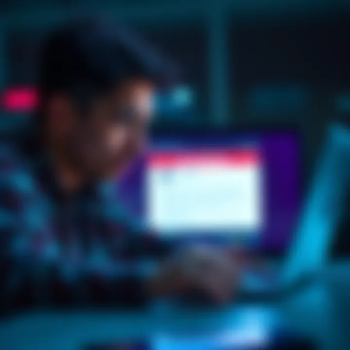 Frustrated Person with Laptop A person looking stressed while staring at a laptop screen showing an account blocked message.