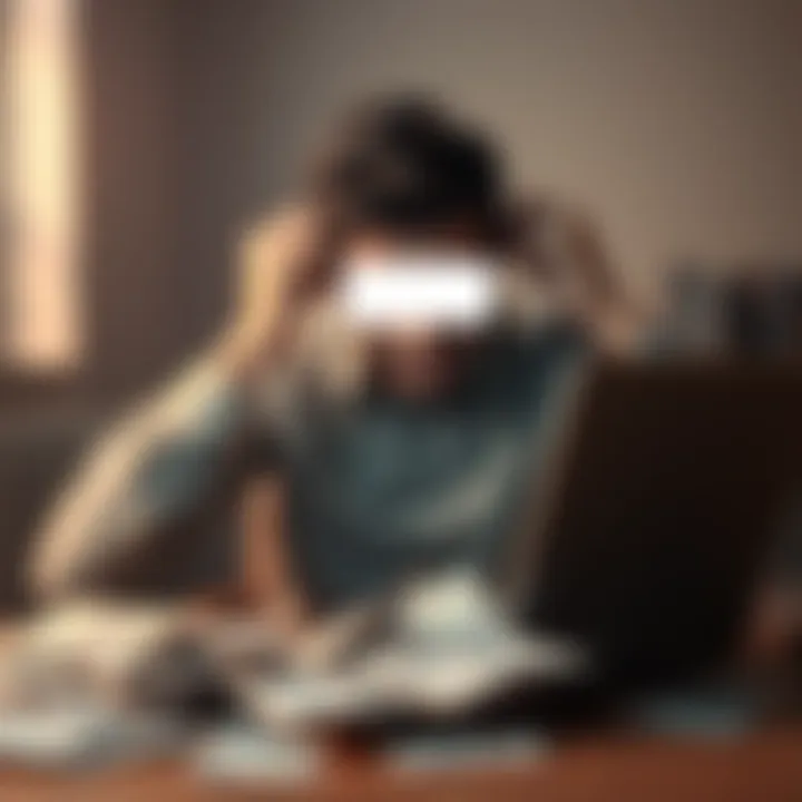 A person looks stressed while sitting in front of a laptop with a blocked screen, holding their head in frustration due to account access issues. Bills are scattered on the table, showing urgency.