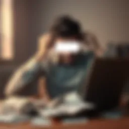 Frustrated person struggling with laptop A person looks stressed while sitting in front of a laptop with a blocked screen, holding their head in frustration due to account access issues. Bills are scattered on the table, showing urgency.