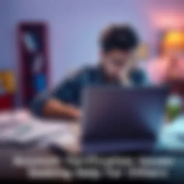 A person looking frustrated while trying to verify their identity on a laptop, surrounded by papers and notes for reference