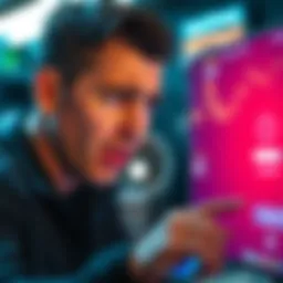A person showing frustration while staring at a device with a loading icon on the screen