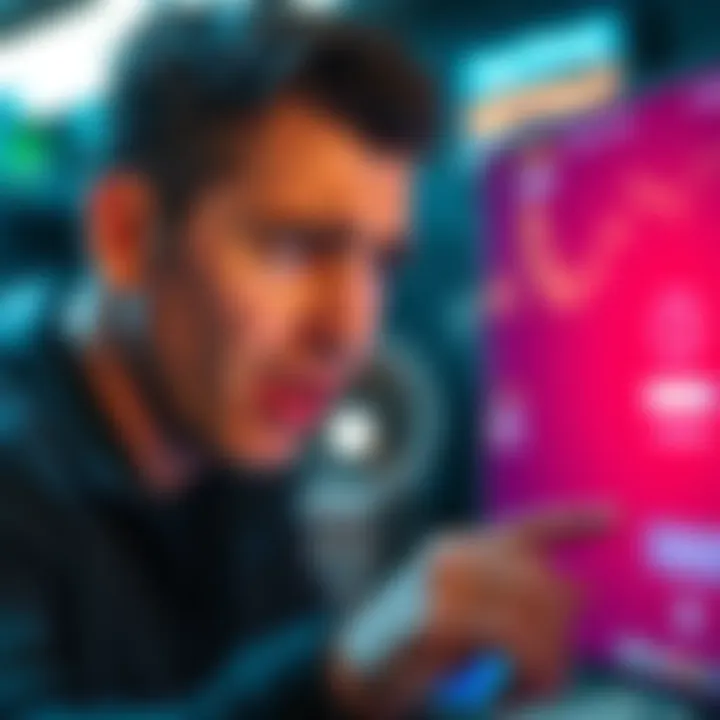 A person showing frustration while staring at a device with a loading icon on the screen