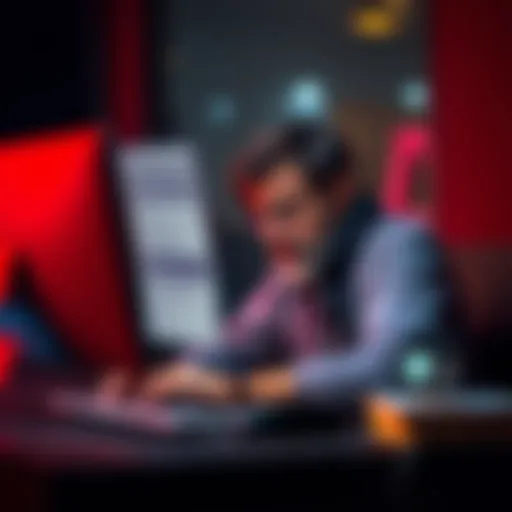 A person looking frustrated while sitting at a computer, trying to complete a lengthy online survey questionnaire.