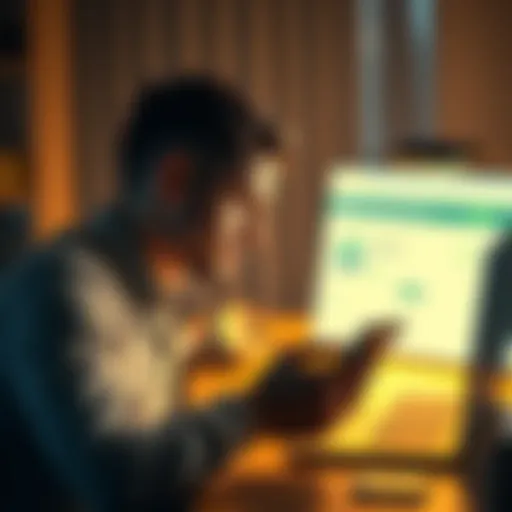 A person sitting at a desk with a frustrated expression, staring at their phone, with a laptop open showing a bitcoin transaction page in the background.
