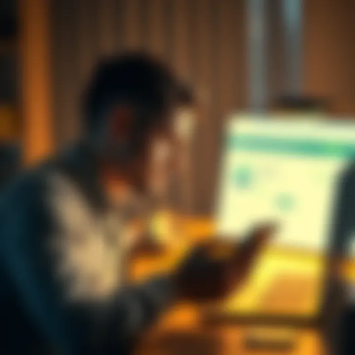 A person sitting at a desk with a frustrated expression, staring at their phone, with a laptop open showing a bitcoin transaction page in the background.
