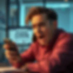 A person looking frustrated while holding a phone, surrounded by papers and a computer screen showing an account closure message