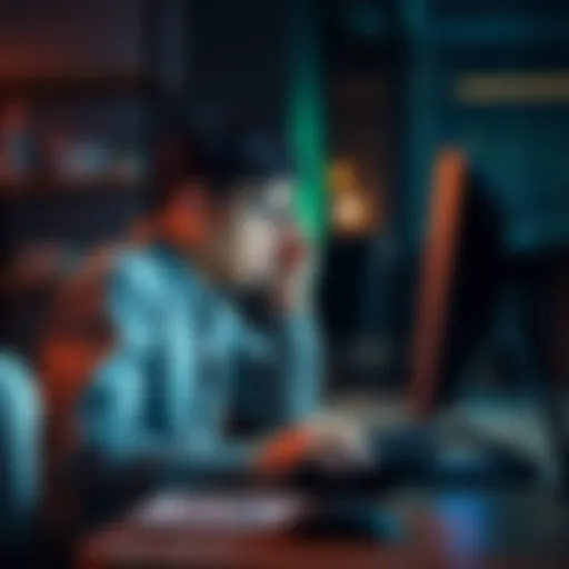 A person sitting at a computer looking frustrated while taking an online survey