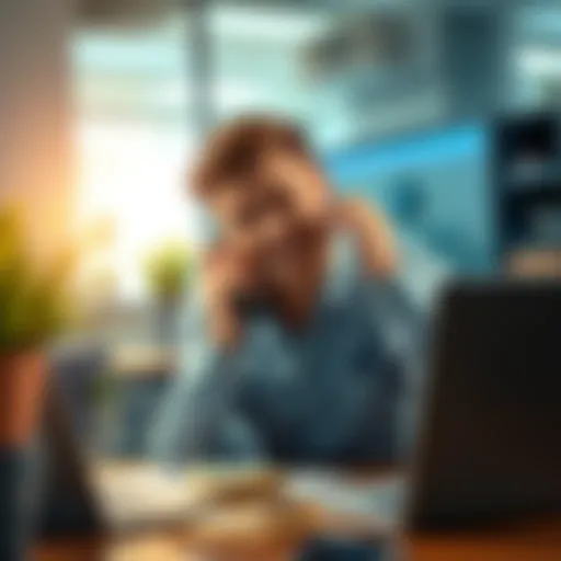 Frustrated person on the phone A person looking frustrated while talking on the phone, surrounded by bills and a laptop, indicating issues with online banking transactions.