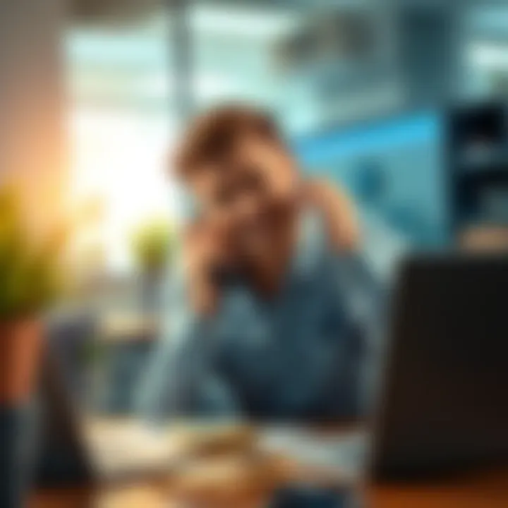 Frustrated person on the phone A person looking frustrated while talking on the phone, surrounded by bills and a laptop, indicating issues with online banking transactions.