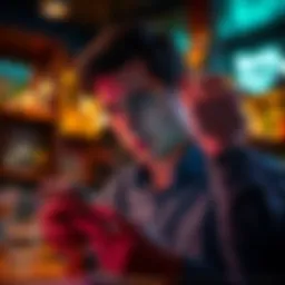 A person appears frustrated while holding their phone, unable to access their account after a night out with drinks. The background shows bar setting.