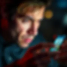 Frustrated individual staring at a smartphone showing photo request notifications from an app