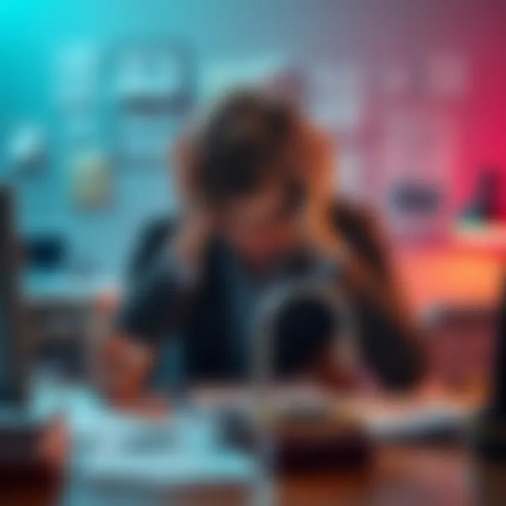 A person sits at a desk with their head in their hands, surrounded by papers and reminders of unresolved issues, highlighting the cycle of frustration.