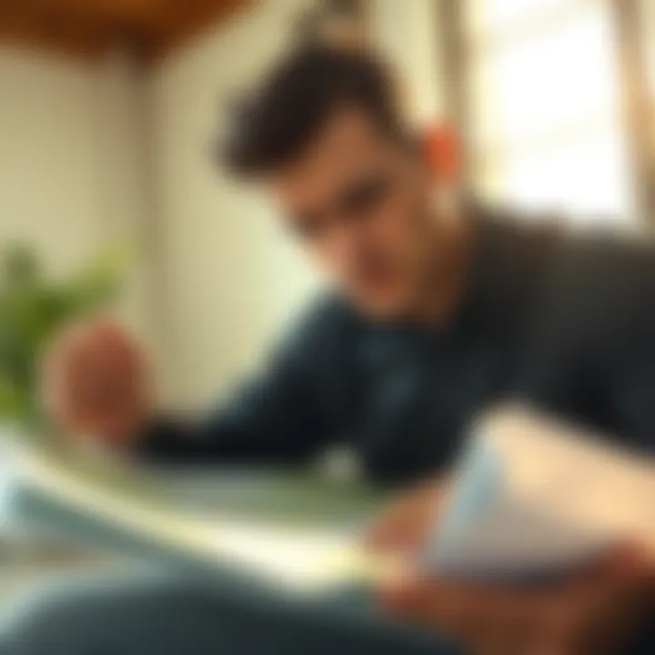 A person looking at a map and documents, appearing troubled about a land purchase mistake due to a boundary error.