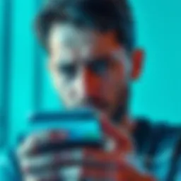 A person looking frustrated while trying to access the Revolut app on their new smartphone, showing an error message on the screen.