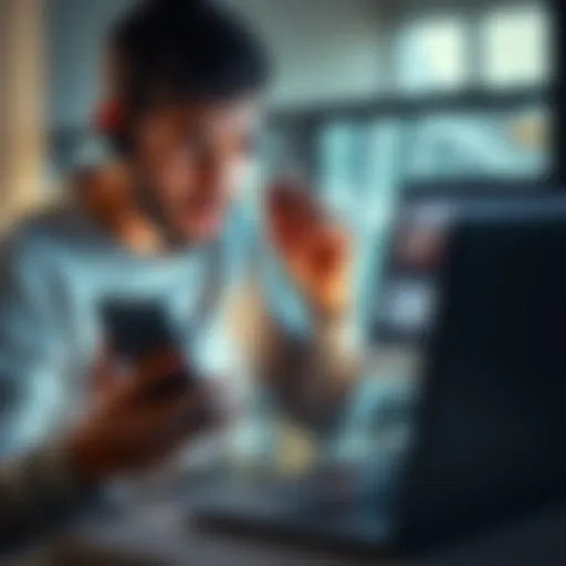 A person looks stressed while holding a phone, trying to contact support about a closed account, with a laptop displaying the Revolut website in the background.