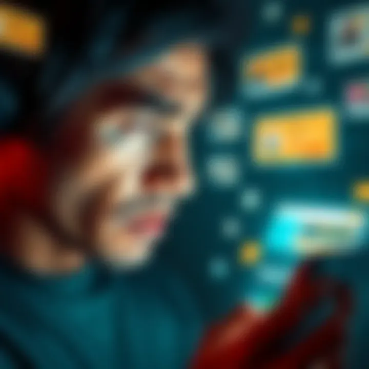 A person showing frustration while looking at their smartphone screen, surrounded by ad pop-ups