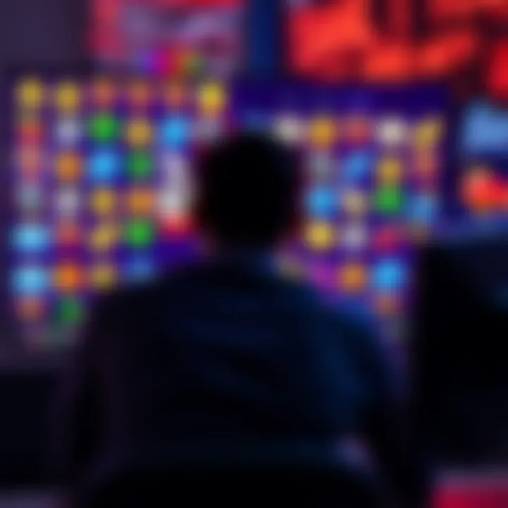 A frustrated person sitting in front of a computer, staring at a screen filled with colorful game icons representing a subscription system, highlighting gambling-like elements.