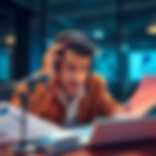 A person looks frustrated while talking on the phone, surrounded by paperwork related to PayPal payouts.