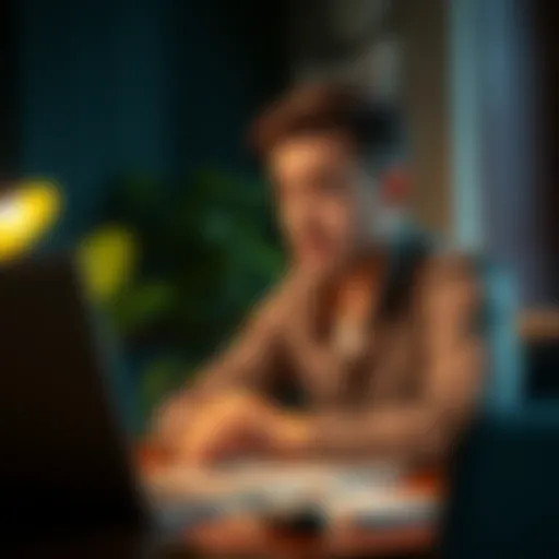 A person displaying disappointment after completing a survey that offers no reward, sitting at a desk with a laptop.