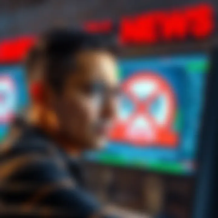 A person with a concerned expression staring at a computer screen showing survey restrictions, symbolizing the challenges faced by international users.