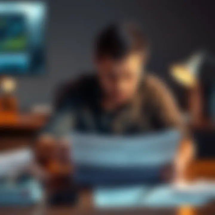 Frustrated person looking at paperwork A person sitting at a desk with a frustrated expression, surrounded by tax documents and a computer, symbolizing concern over missing funds during tax season.