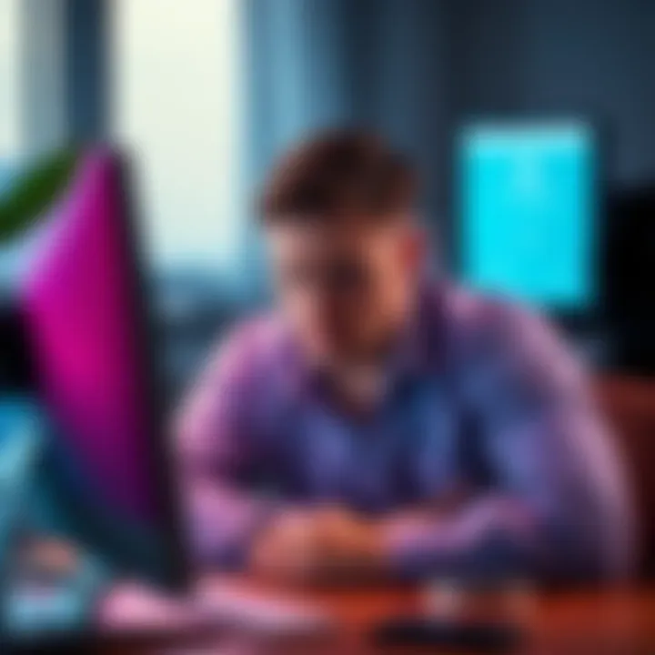 A person with a worried expression sitting at a desk, staring at a computer screen showing Trustly account limitations notice