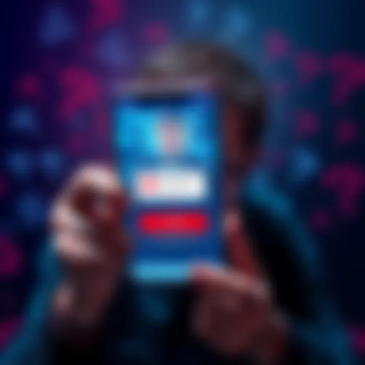 Frustrated person trying to unlock account A person looks stressed while staring at a phone screen showing a facial recognition error message, surrounded by confusion and frustration.