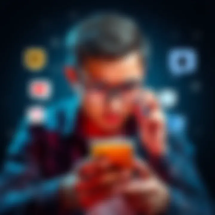 A person looking frustrated while using the AE app on their smartphone, surrounded by social media icons representing discussions about alternatives like kalshi.