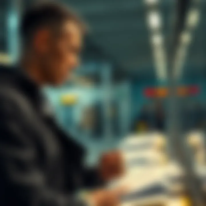 A person looking frustrated while checking their watch and staring at a long queue of paperwork. The scene captures the essence of long wait times and the urgency of their situation.