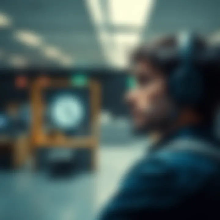 A person looking frustrated while waiting in an office environment with a clock showing time passing slowly