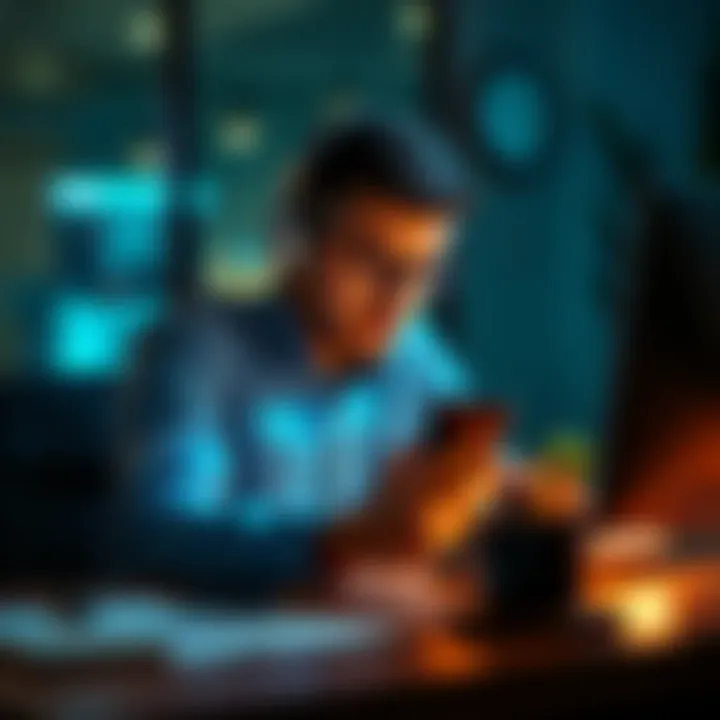 Frustrated person waiting for support A person sitting at a desk looking frustrated while checking their device for support responses, symbolizing the long wait for account unrestriction.
