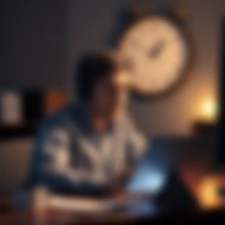 A person sitting at a desk looking frustrated while checking their email, waiting for a customer support response, with a clock showing time passing in the background.