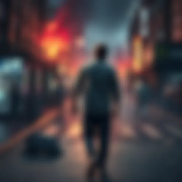 A person looking frustrated turns their back and walks away from a chaotic scene